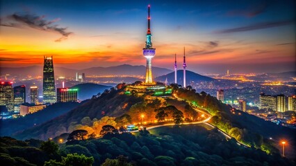 Fototapeta premium Stunning Low Light Photography of Namsan Seoul Tower Illuminated Against the Night Sky, Capturing the Beauty of South Korea's Iconic Landmark and Urban Landscape