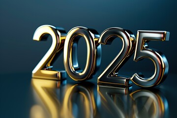 Gleaming gold 2025 numbers with reflection on blue
