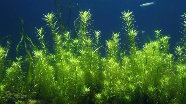 Hydrilla verticillata, an invasive aquatic species, densely covering a freshwater lake, highlighting submerged vegetation and the environmental impact on aquatic ecosystems and biodiversity.