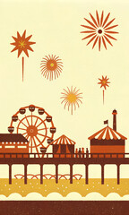 Naklejka premium Retro Seaside Amusement Park with Fireworks Display