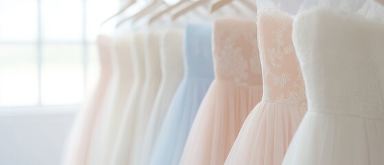Bridal Dreams: A row of elegant tulle wedding gowns in pastel hues hang on wooden hangers, bathed in soft, natural light.
