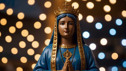 Fototapeta premium Sacred Statue of Our Lady of Aparecida, iconic Brazilian saint. Radiant bokeh backdrop symbolizing faith, hope, and devotion.