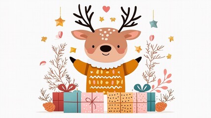 A cute cartoon deer in a cozy sweater surrounded by colorful gifts, stars, and plants, creating a festive holiday atmosphere.