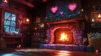 Obraz premium Romantic Cozy Cottage Fireplace Valentine s Day Scene