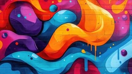 Obraz premium Bold Abstract Graffiti Mural with Bright Colors and Flowing Shapes – Red, Blue, Orange, and Purple Paint Drips in a Modern Urban Street Art Composition Full of Movement, Energy, and Creative Spirit