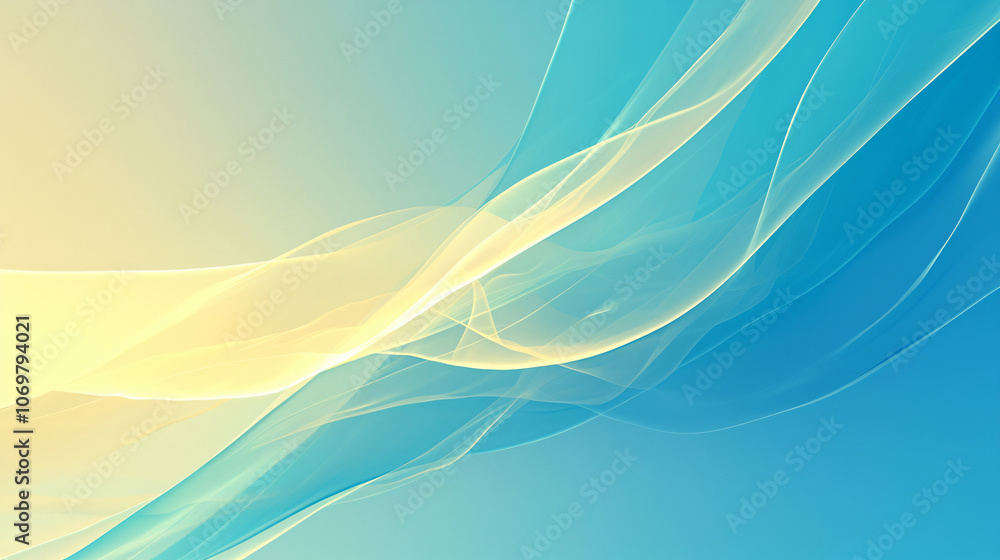 Poster an abstract design features flowing waves in soft gradients of blue and yellow, creating a serene an