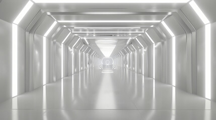 Obraz premium A futuristic corridor showcases sleek white walls and bright lighting, creating a clean and modern aesthetic that invites exploration and innovation for technology.