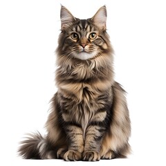 Obraz premium Portrait of a fluffy tabby cat sitting on a white background.