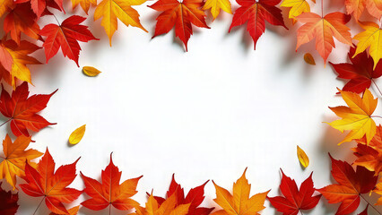 Obraz premium Aerial view of vibrant autumn maple leaves arranged around the edges of a clean white background, creating a natural frame for copy space