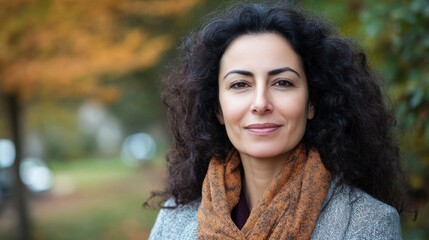 Naklejka premium Middle Eastern woman outdoor portrait, smiling gently, wearing a professional yet casual outfit