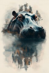 Fototapeta premium Majestic double exposure of a hippo reflecting in tranquil water amidst a serene forest backdrop in the early morning light. Generative AI