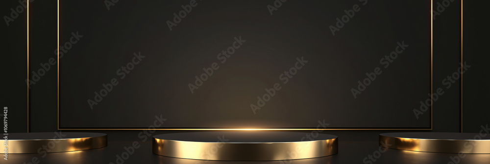Poster a sophisticated display showcases a dark setting with a circular platform illuminated by golden ligh