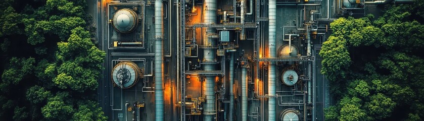 Aerial View of Industrial Complex Surrounded by Lush Greenery and Illuminated by Warm Lights at Dusk