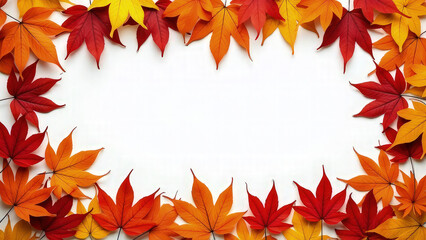 Aerial view of vibrant autumn maple leaves arranged around the edges of a clean white background, creating a natural frame for copy space