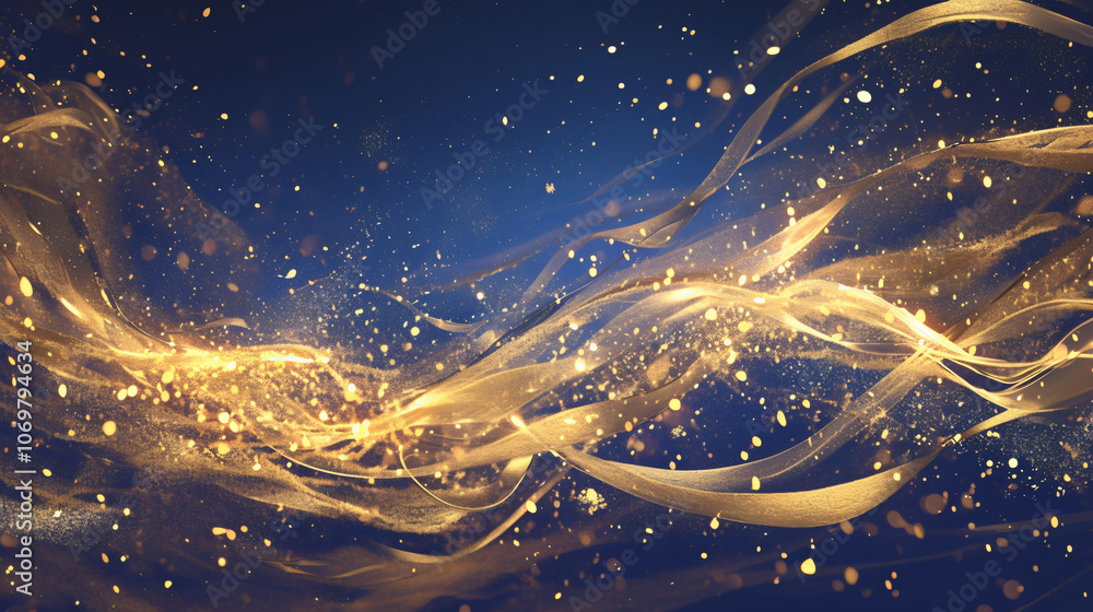Poster an artistic composition features swirling golden lines and glimmers against a deep blue background, 