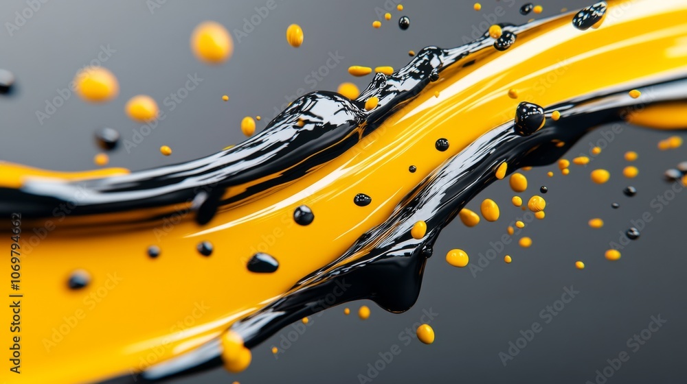 Poster vibrant black and yellow paint splashes creating an abstract design against a dark background