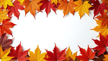 Obraz premium Aerial view of vibrant autumn maple leaves arranged around the edges of a clean white background, creating a natural frame for copy space