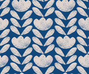 Fototapeta premium Simple minimal flowers with leaves in a grainy texture in cream color on a dark blue background. A seamless vector pattern. Great for home decor, fabric, wallpaper, gift wrap, stationery, packaging.