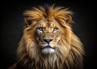 Stunning Studio Portrait of a Majestic Lion on a Black Background with High Depth of Field, Capturing Intricate Details and Textures, Perfect for Wildlife and Nature Photography Enthusiasts.