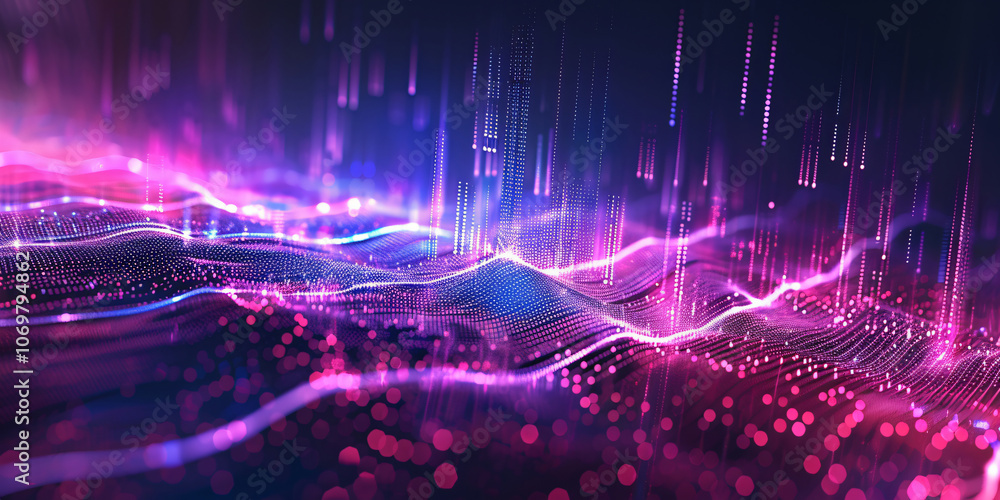 Poster a vibrant digital artwork features flowing waves of light in shades of pink and blue, creating an en
