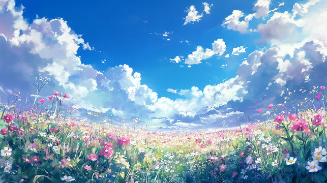 青空と雲に広がるカラフルな花畑の美しい風景