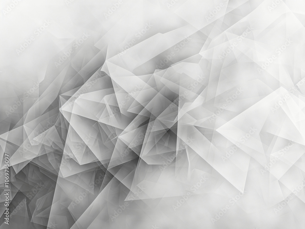 Poster abstract illustration showcasing a complex arrangement of translucent geometric shapes in shades of 