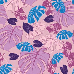 Abstract art natural background vector. Modern shape lines of Monstera. Boho foliage botanical tropical leaves. Pink pattern design for home deco, wall art, social media post and story background