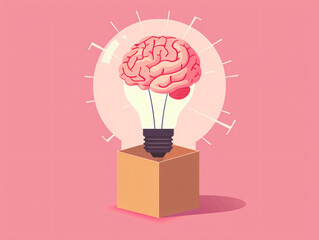 An imaginative illustration depicts a brain encased in a light bulb, symbolizing creativity and inspiration, set against a pink background for graphic resources.
