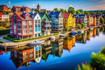 Stunning Tilt-Shift Photography of Modern Residential Houses Along the Water in Hamburg, Showcasing Unique Architecture and Scenic Views in a Vibrant Urban Landscape