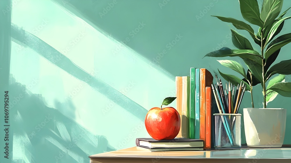 Poster cheerful and organized workspace scene featuring a pile of colorful books a shiny red apple and an a