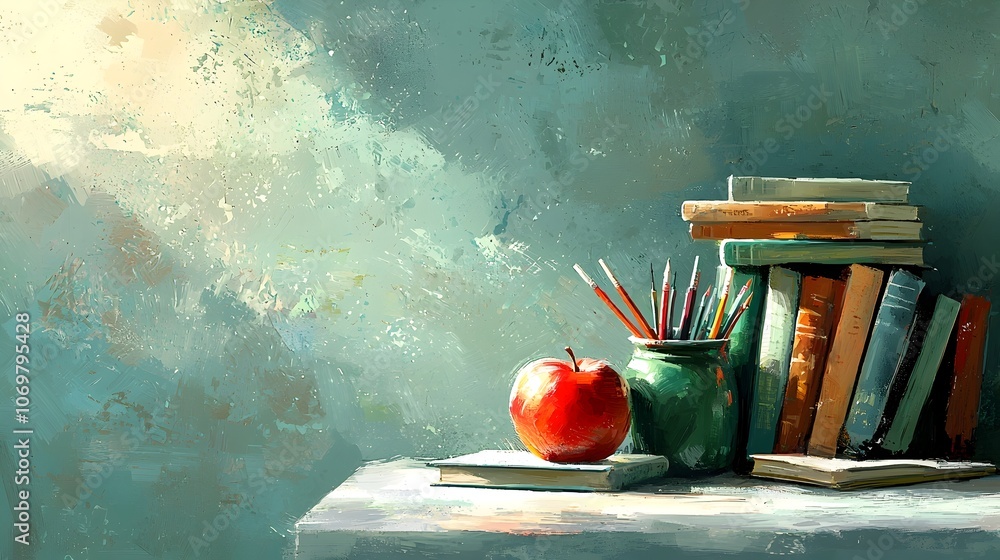 Poster cheerful and organized workspace scene with a pile of colorful books a shiny red apple and an assort