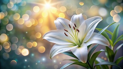 Fototapeta premium Stunning White Lily Flower with Bokeh Effect on Blurred Background for Elegant Decor and Nature Photography, Perfect for Floral Themes and Copy Space Designs
