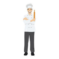 Young baker character holding rolling pin. Flat vector illustration isolated on white background