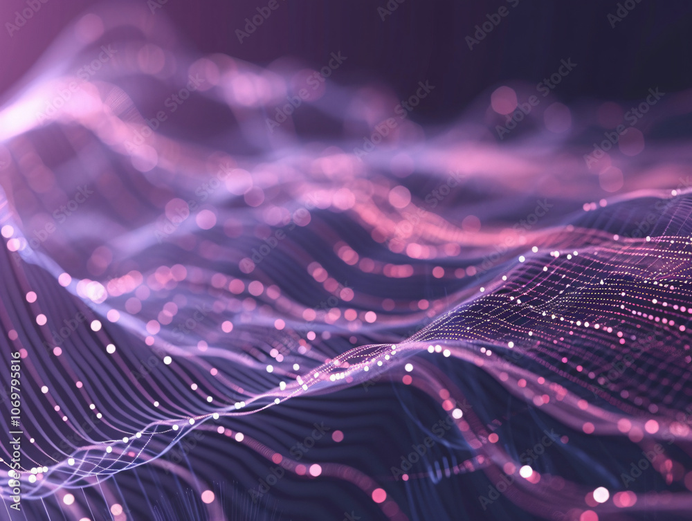 Poster a close-up view of flowing digital waves in pink and purple tones, showcasing a mesmerizing pattern 