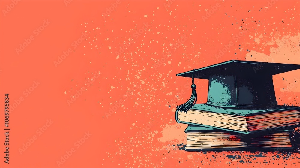 Poster cheerful graduation cap resting atop open book with warm coral backdrop ideal for adding personalize
