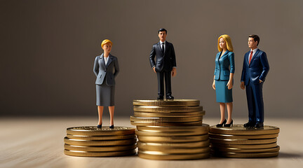 Miniature Toy Models of Business People Standing on Different Heights of Stacked Coins Representing Wealth Distribution Inequality