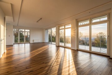 Fototapeta premium Sunlight Streaming Through Modern Windows in an Empty Room with Wooden Floors, Capturing the Serenity of Afternoon Light and Minimalist Design for Stock Photography Use