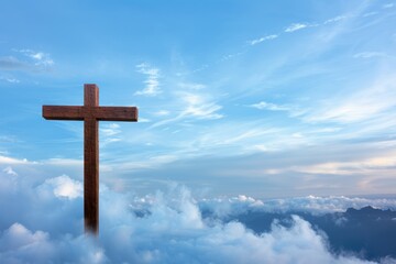 Ascension day concept with shining cross in clouds.