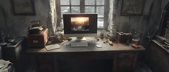 Desktop computer with  monitor is placed on a wooden table in a simple and isolated room. Natural light also comes in from the side, creating a soft and warm atmosphere.