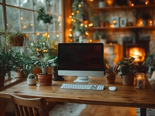 Desktop computer with  monitor is placed on a wooden table in a simple and isolated room. Natural light also comes in from the side, creating a soft and warm atmosphere.
