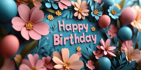 Obraz premium Vibrant 3D Paper-Cut Birthday Design with Colorful Flowers, Balloons, and 'Happy Birthday' Text for a Cute and Aesthetic Celebration