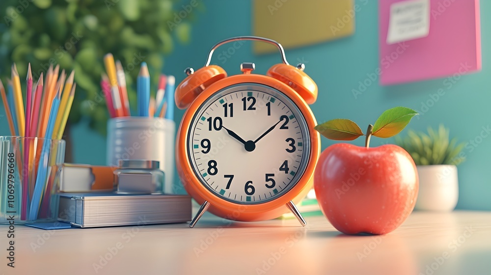 Poster close up 3d of orange alarm clock with red apple and neatly arranged school supplies against a soft 