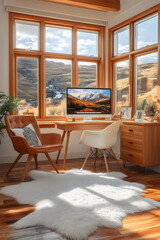 Obraz premium Desktop computer with monitor is placed on a wooden table in a simple and isolated room. Natural light also comes in from the side, creating a soft and warm atmosphere.