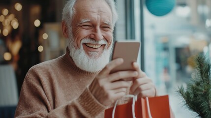 Older man with shopping bags in hand, smiling at his phone screen, capturing a joyful moment