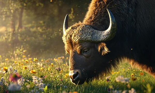Majestic Bison Grazing in a Sunlit Meadow Full of Wildflowers on a Serene Spring Morning