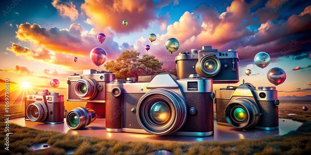 Poster surreal camera iconography: a unique exploration of photo camera symbols in ui and ux design with gl