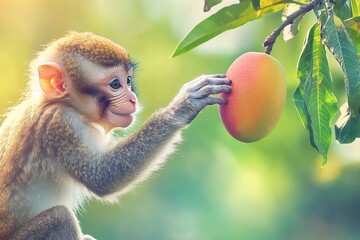 Fototapeta premium A happy monkey in tropical paradise reaching for and touching a delicious mango on a mango tree.generative ai