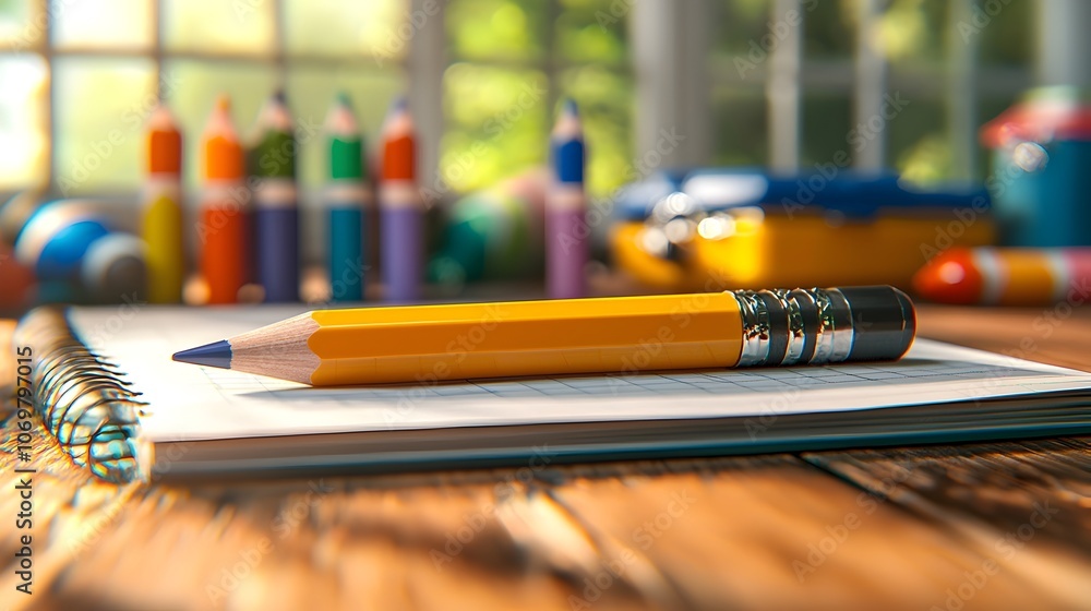 Poster close up of a pencil eraser and various art supplies like markers and crayons arranged on an open no