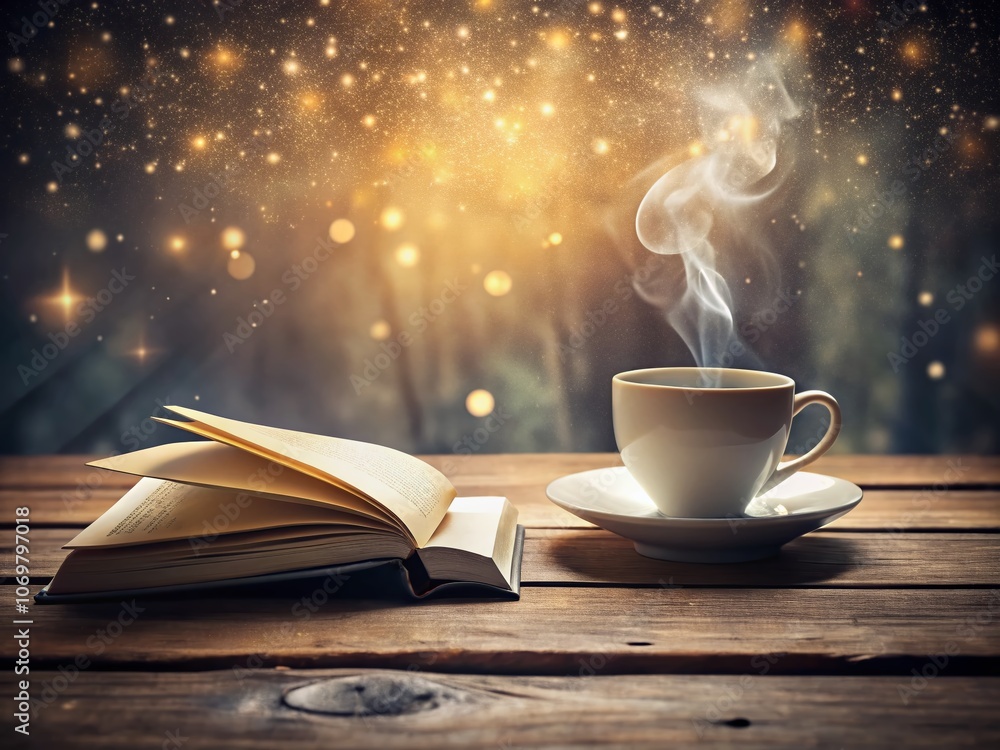 Poster surreal coffee moment: a white cup and notebook on a rustic wooden table capturing the essence of cr