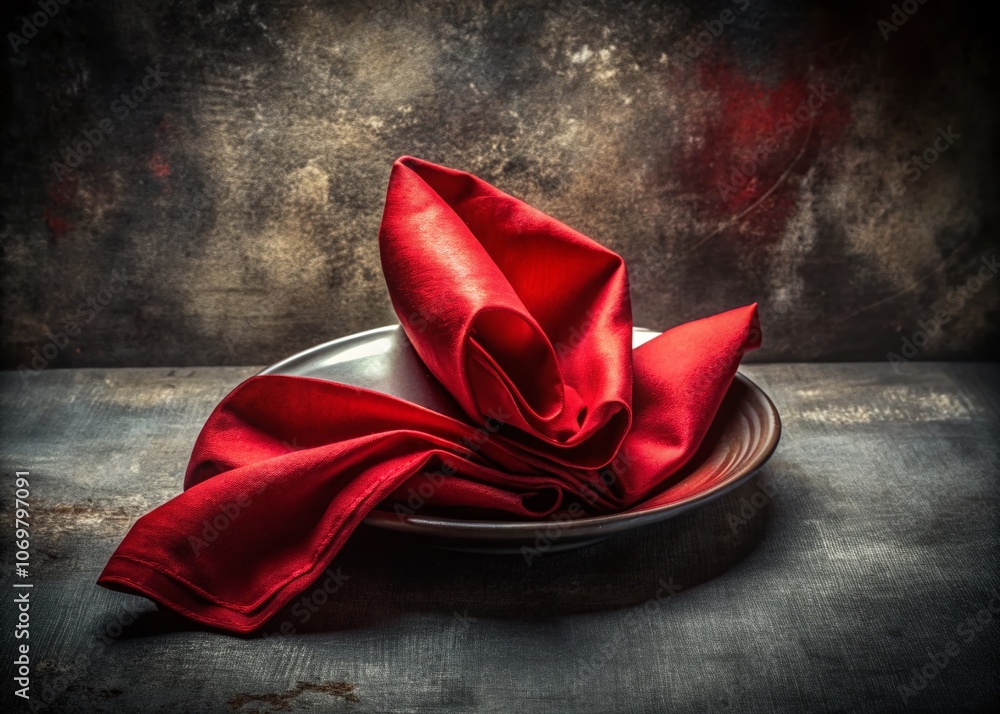 Poster surreal composition featuring a red napkin draped over a soft fabric background, blending textures a